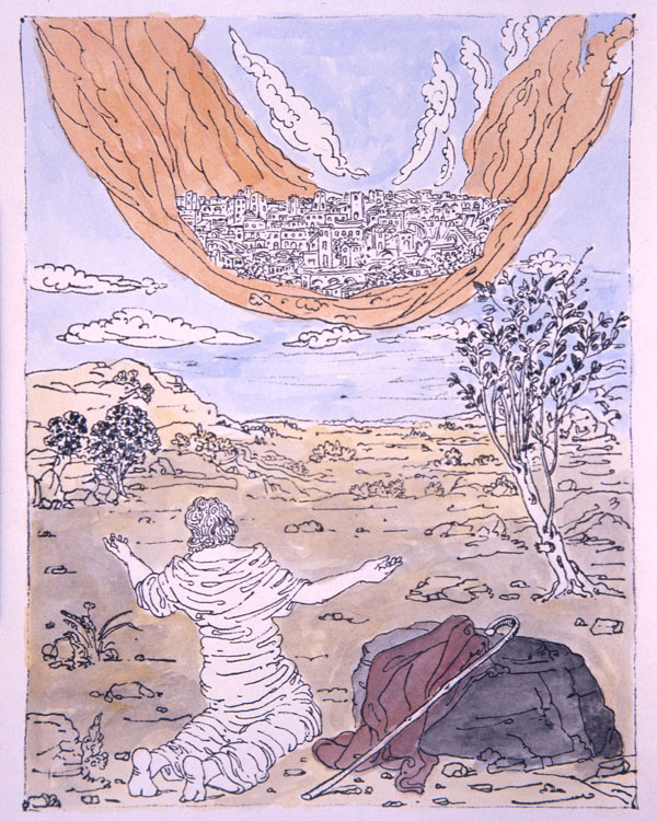 Giorgio de Chirico, L'Apocalisse. La nuova Gerusalemme discender dal cielo (1977), litografia acquarellata